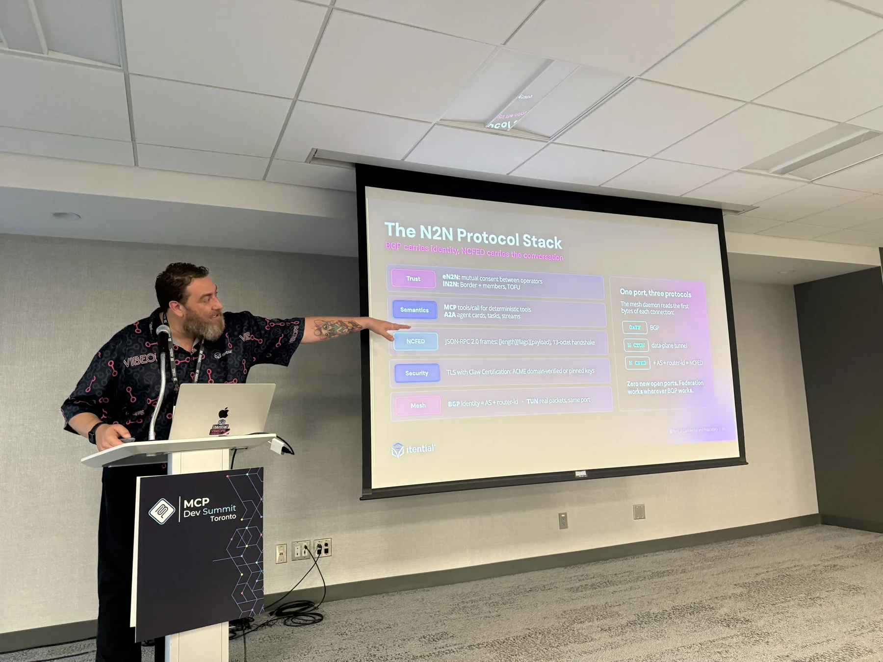 John explaining the N2N protocol stack on a projected slide in Toronto