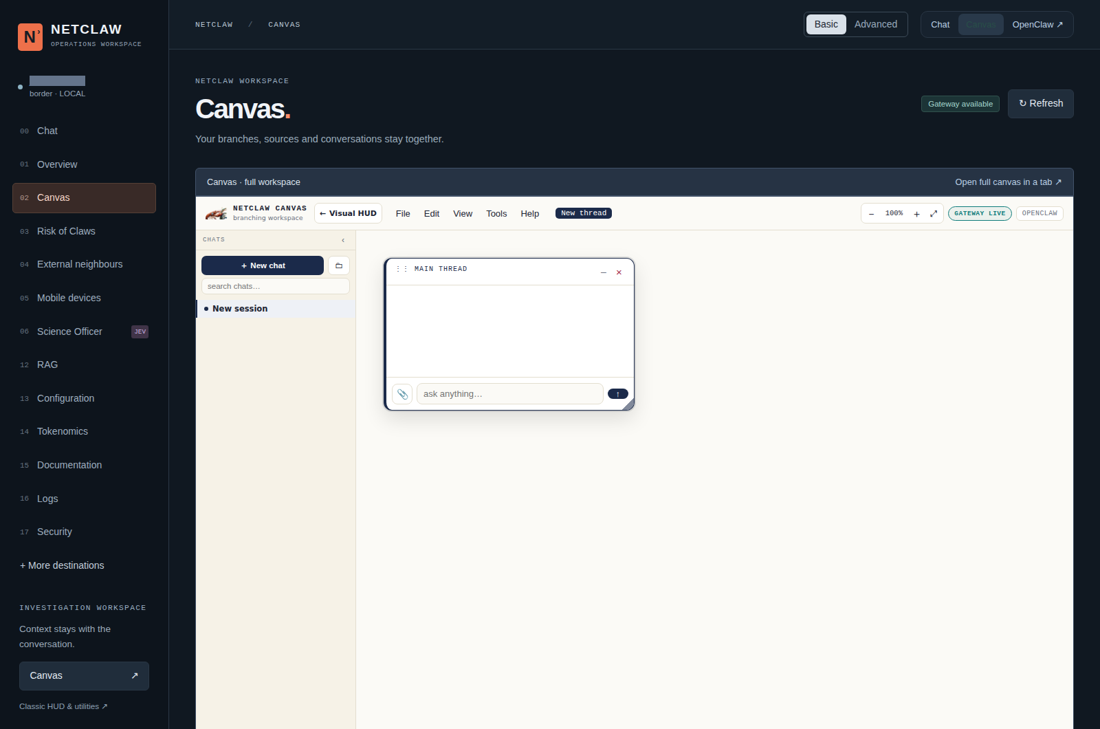 The live Canvas interface embedded in the NetClaw HUD, showing a fresh session, a main thread and the branching workspace.