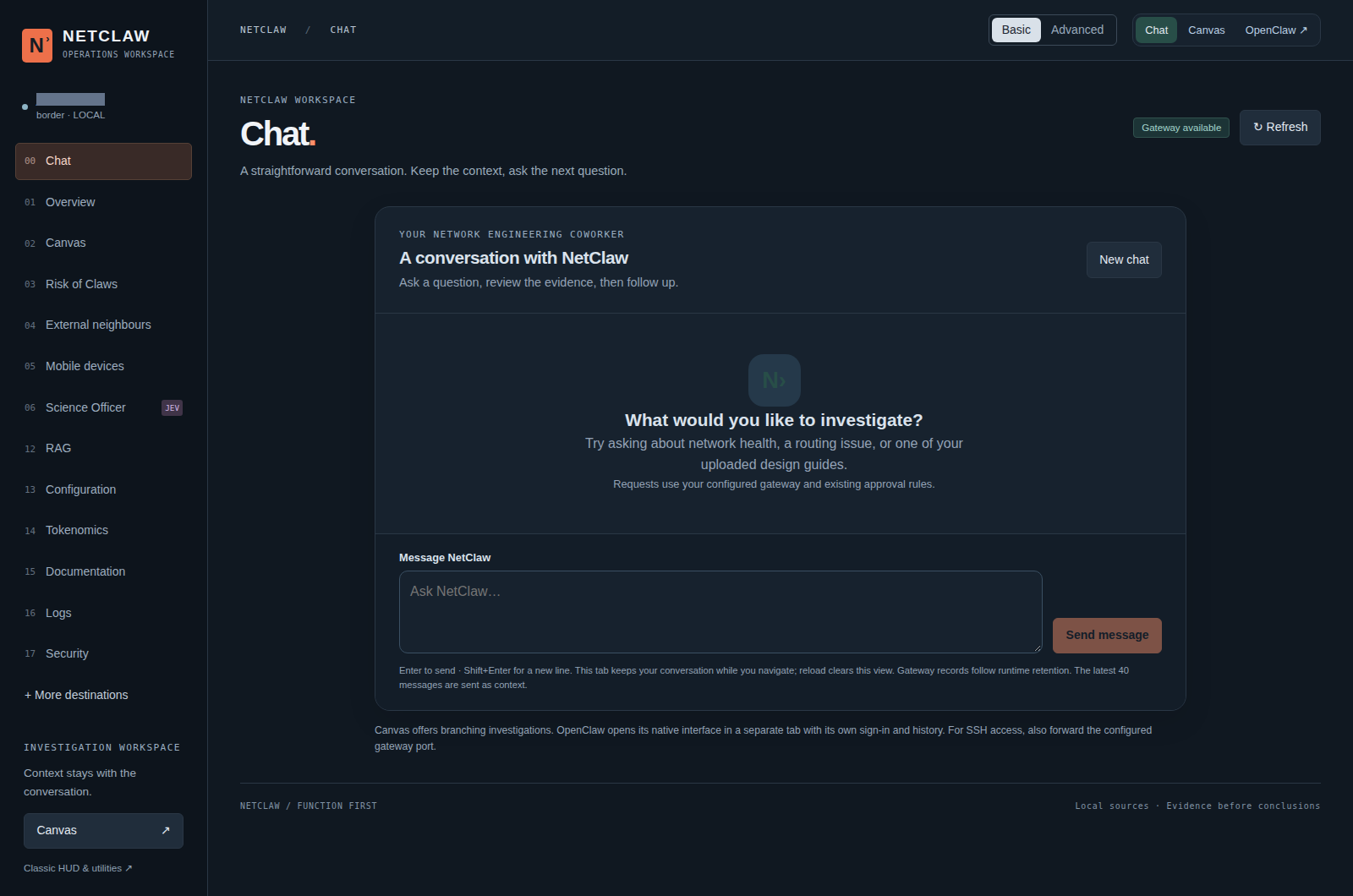 NetClaw 1.1.0 running on John's installation, with Chat selected, the message composer visible and the gateway available. The installation name is masked.