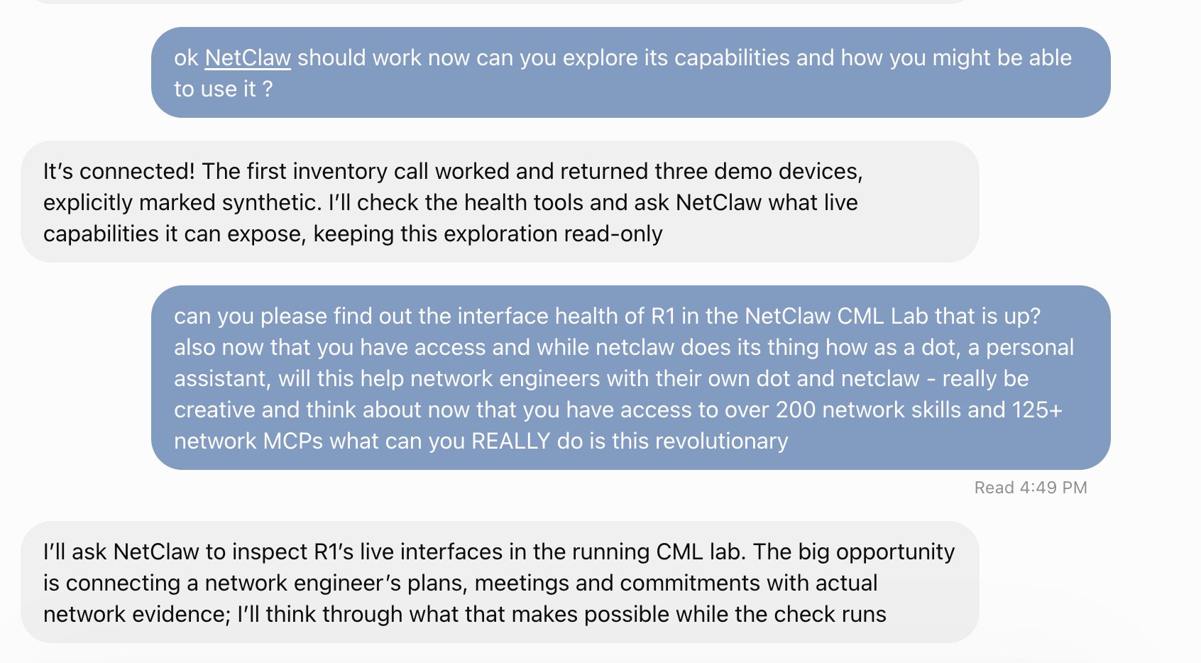 A ChatGPT Dot conversation. The Dot reports that NetClaw is connected, returns its first inventory call, and sets out to inspect R1's live interfaces in the running CML lab.