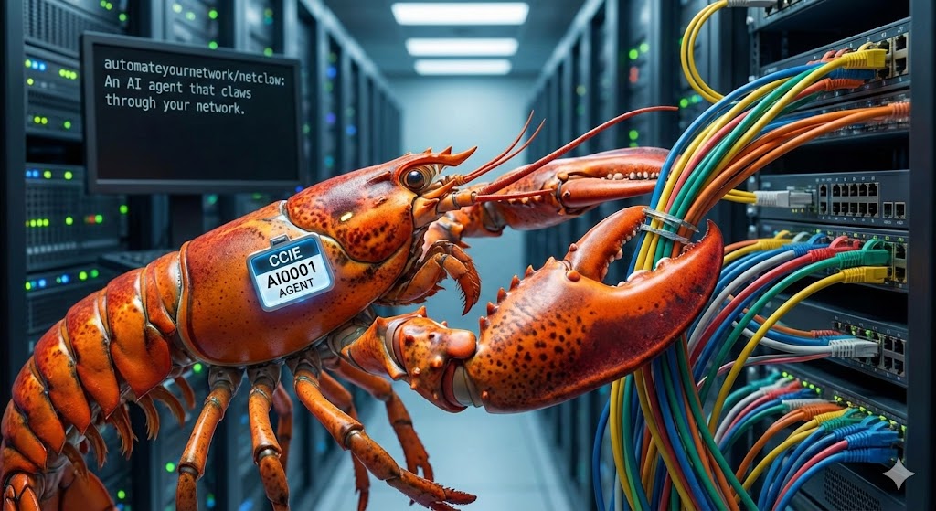 NetClaw's lobster mascot connecting a network rack